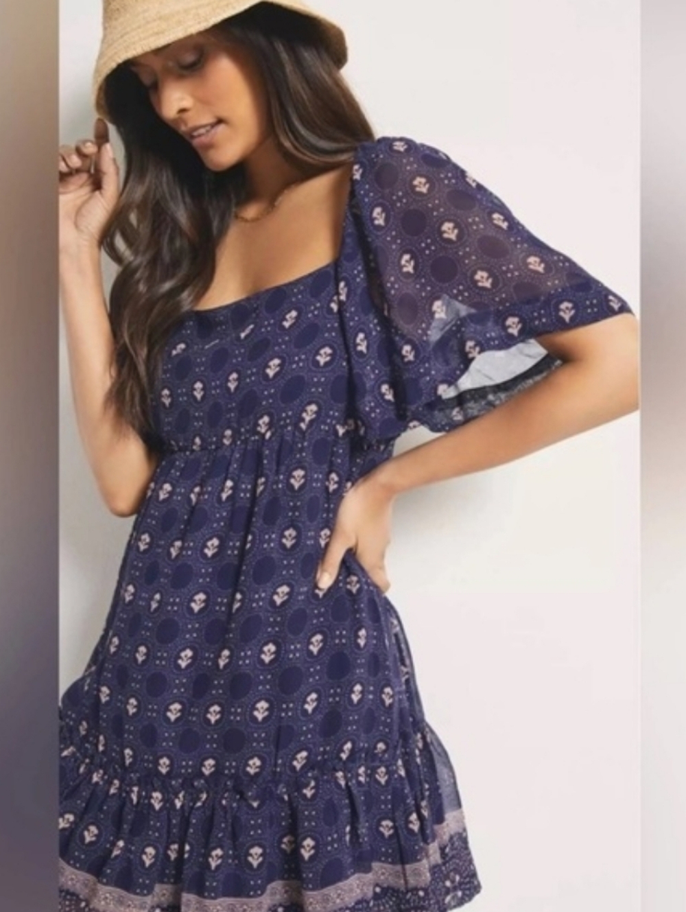 Anthropologie MAEVE Flutter Sleeve Shirred Open Back Mini Dress Size 3X - Picture 3 of 5